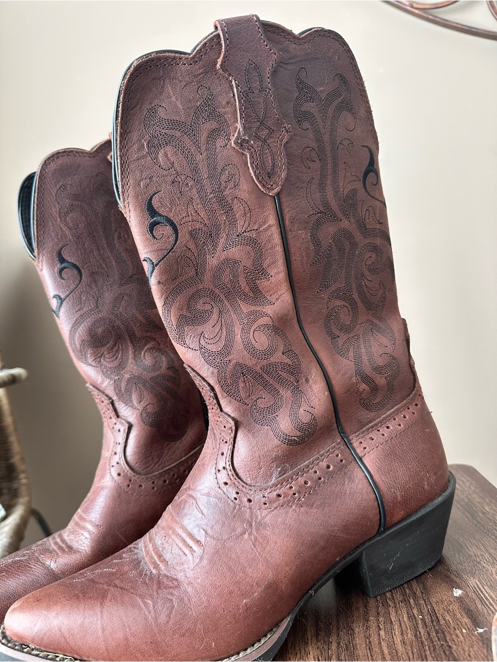 Real Leather- Classic Brown Embroidered womens Western Boots